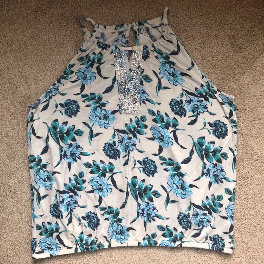LOFT tan and blue floral tank top